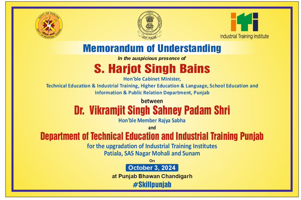 Dapindr's tweet photo. Punjab’s youth will lead the future!

Revamping our ITIs is key to unlocking employment potential for Punjab’s youth. Grateful to Hon’ble MP @vikramsahney Ji for his unwavering support! Together, we’re building a skilled and empowered Punjab. 

#SkillPunjab #Educationrevolution https://t.co/pvE0OcC9B9