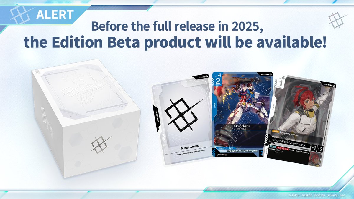 GUNDAM_GCG_ENG's tweet photo. In advance of the product’s release the “GUNDAM Card Game Edition Beta” is coming in Dec. 2024!

The upcoming “GUNDAM Card Game Edition Beta” product is a set that will let purchasers experience the “GUNDAM Card Game” early. 
 
▽Product Details
https://t.co/bUJmv1MG86
 
#GUNDAMCARDGAME
#GCG