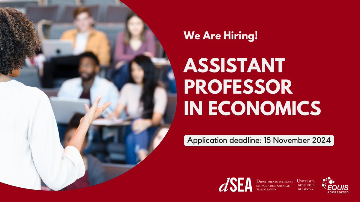 dSEA Unipd (@dsea_unipd) on Twitter photo 📌Job Opening
Our Department <a href="/dSEA_Unipd/">dSEA Unipd</a> <a href="/UniPadova/">Università di Padova</a> is actively searching for a brilliant and promising scholar to fill an Assistant Professor in Economics (Tenure Track) position.
Expressions of interest must be submitted by Nov 15, 2024 (CET).
Info👉economia.unipd.it/en/assistant-p… 📌Job Opening
Our Department <a href="/dSEA_Unipd/">dSEA Unipd</a> <a href="/UniPadova/">Università di Padova</a> is actively searching for a brilliant and promising scholar to fill an Assistant Professor in Economics (Tenure Track) position.
Expressions of interest must be submitted by Nov 15, 2024 (CET).
Info👉economia.unipd.it/en/assistant-p…