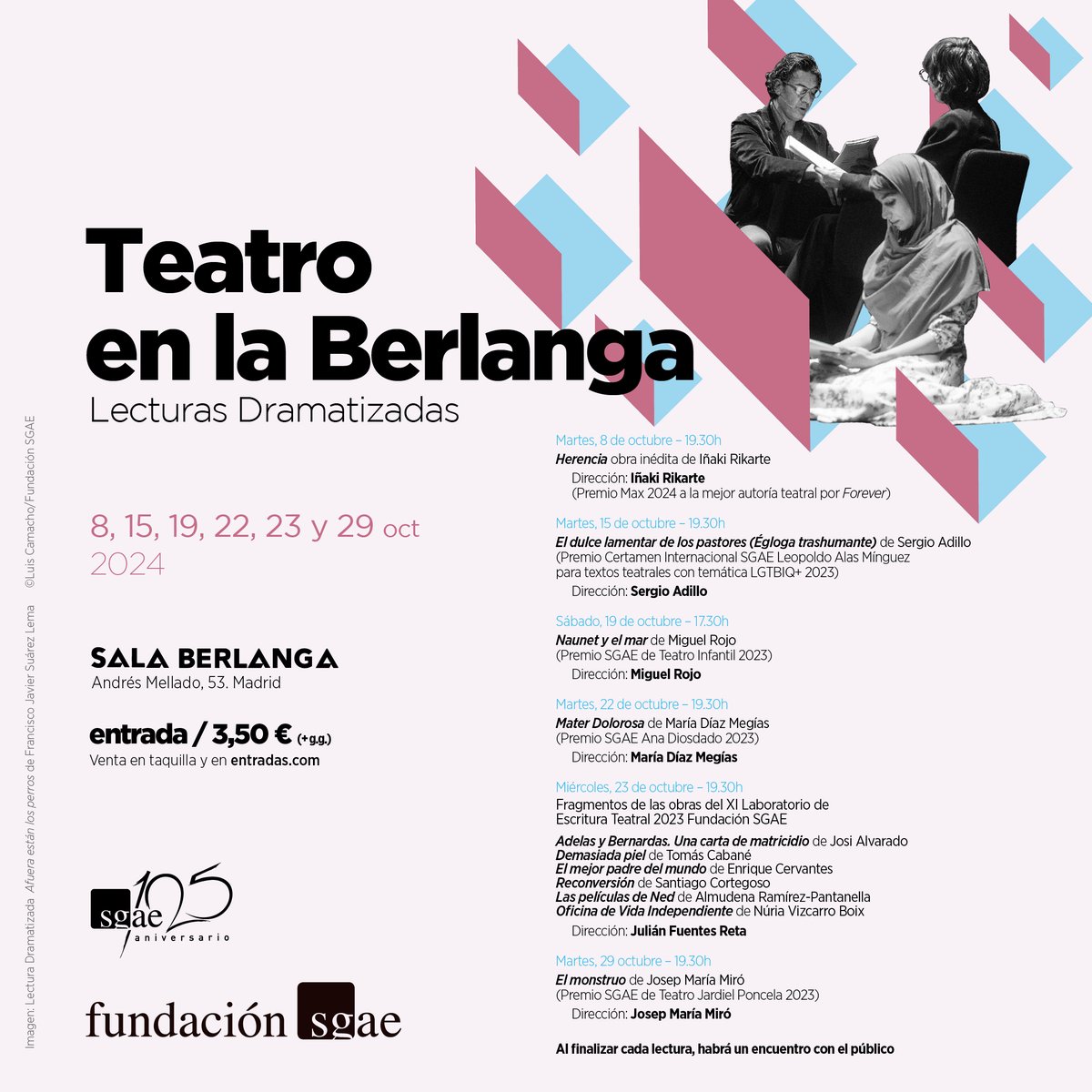 Octubre, mes de Teatro en la Berlanga con las lecturas dramatizadas de los Premios SGAE de Teatro 2023, el inédito 'Herencia' de Iñaki Ricarte (actual Premio Max a Mejor Autoría Teatral) y una selección de textos del Laboratorio de teatro de <a href="/fundacionsgae/">PAlHl</a>

🗓️ 8-29 oct
🎟️ 3,50€