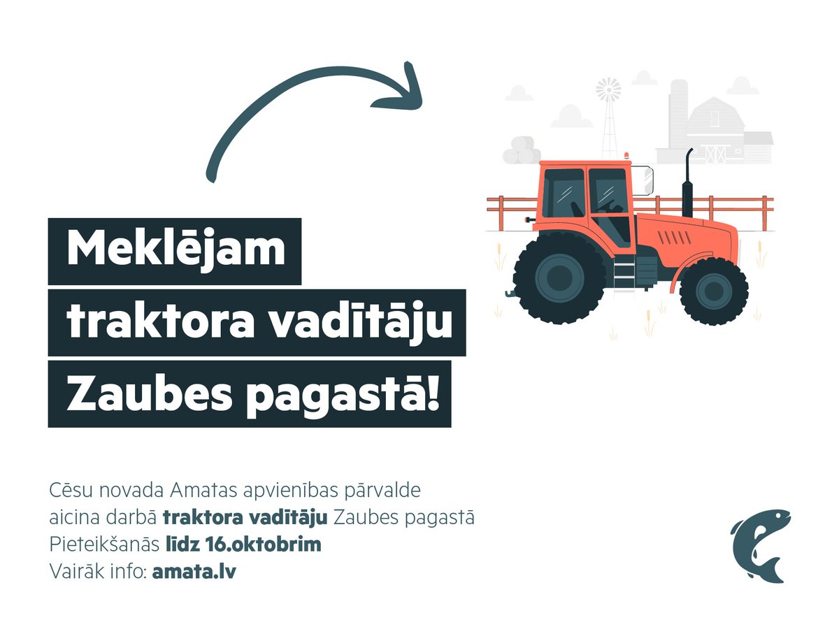 Traktorist, atsaucies! 📣
🚜 Amatas apvienības pārvalde aicina komandai pievienoties traktora vadītāju Zaubes pagastā. 
Plašāka informācija par vakanci: amata.lv/.../aicinam-da…