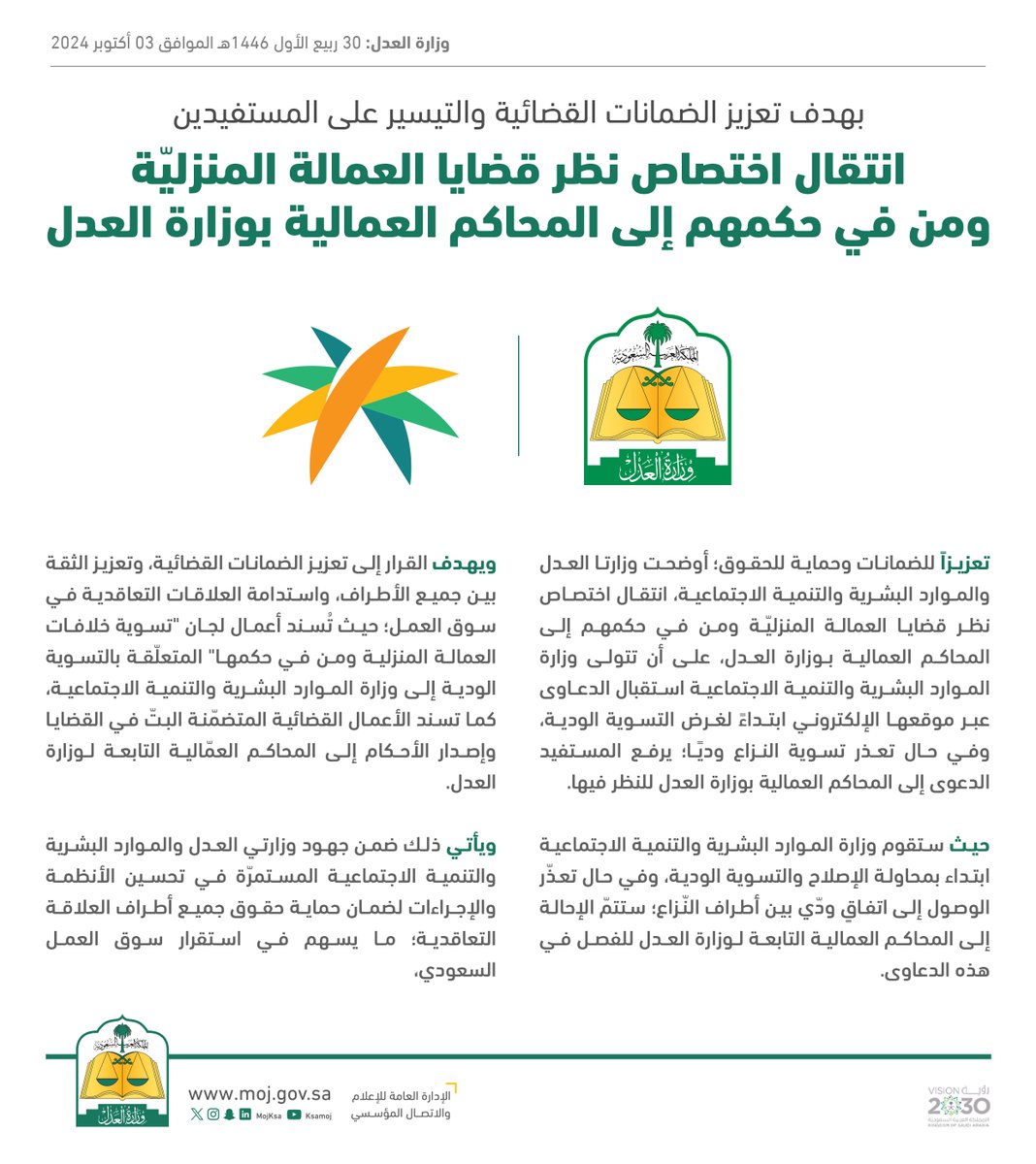 انتقال اختصاص نظر قضايا العمالة المنزليّة ومن في حكمهم إلى المحاكم العمالية بوزارة العدل.