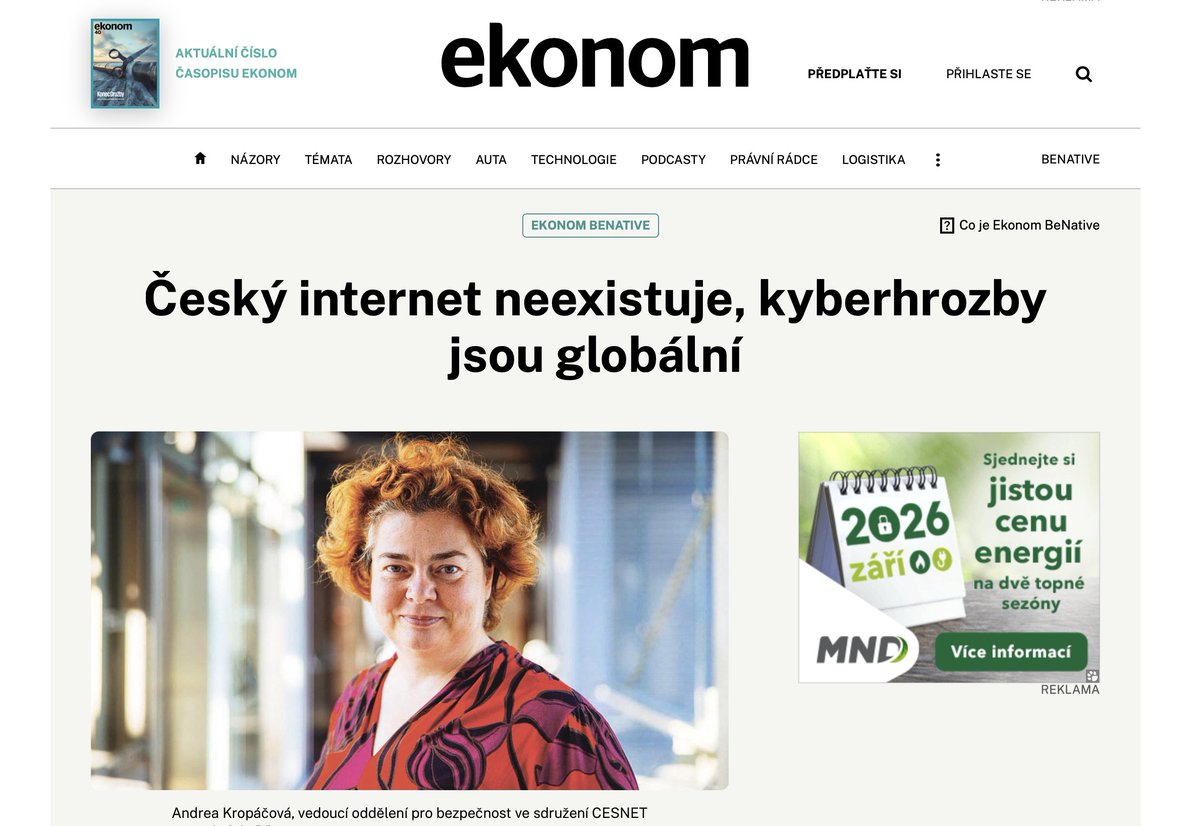 CESNET (@cesnet_cz) on Twitter photo V aktuálním čísle časopisu Ekonom vyšel rozhovor s Andreou Kropáčovou, vedoucí <a href="/CESNET_CERTS/">CESNET CERTS</a>. Celý článek si můžete přečíst zde:
ekonom.cz/c1-67406760-ce…
#cybersecurity #CESNET_CERTS #CSIRT #kyberbezpečnost V aktuálním čísle časopisu Ekonom vyšel rozhovor s Andreou Kropáčovou, vedoucí <a href="/CESNET_CERTS/">CESNET CERTS</a>. Celý článek si můžete přečíst zde:
ekonom.cz/c1-67406760-ce…
#cybersecurity #CESNET_CERTS #CSIRT #kyberbezpečnost