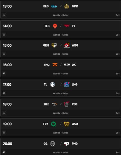 ITS WORLDS 2024 SWISS SAGE DAY
Predictions:
BLG &gt; MDK
T1 &gt; TES
GENG &gt; WBG
DK &gt; FNC
LNG &gt; TL
HLE &gt; PSG
FLY &gt; GAM
G2 &gt; PNG