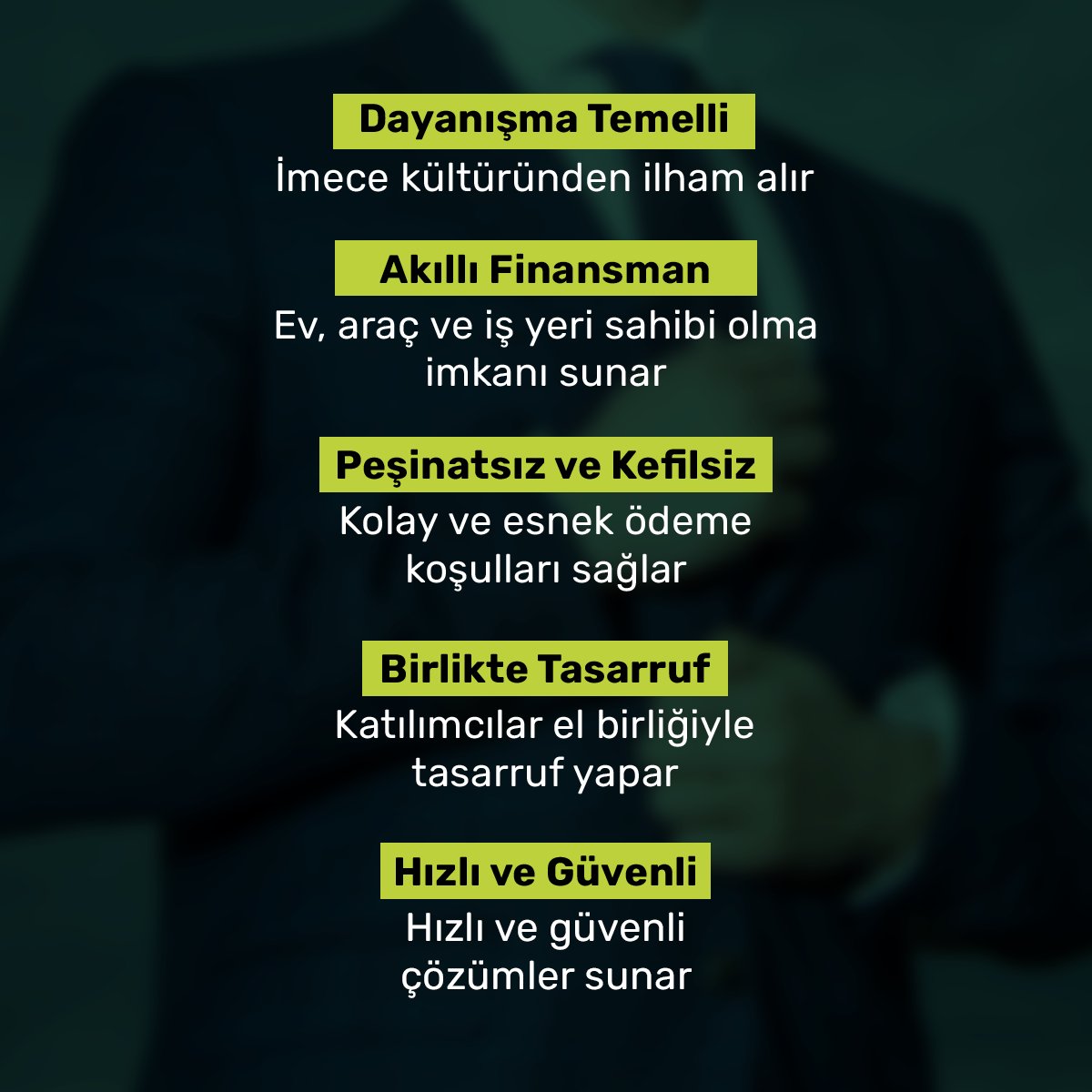 İMECE Nedir?

İMECE Tasarruf, köklü imece kültüründen ilham alarak,
modern şehir yaşamında dayanışma ile ev, araç ve iş yeri
sahibi olma fırsatları sunan bir tasarruf finansman sistemidir.

#İMECETasarruf #DayanışmaGücü #BirlikteTasarruf
#PeşinatsızKefilsiz #EvArabaİşyeri