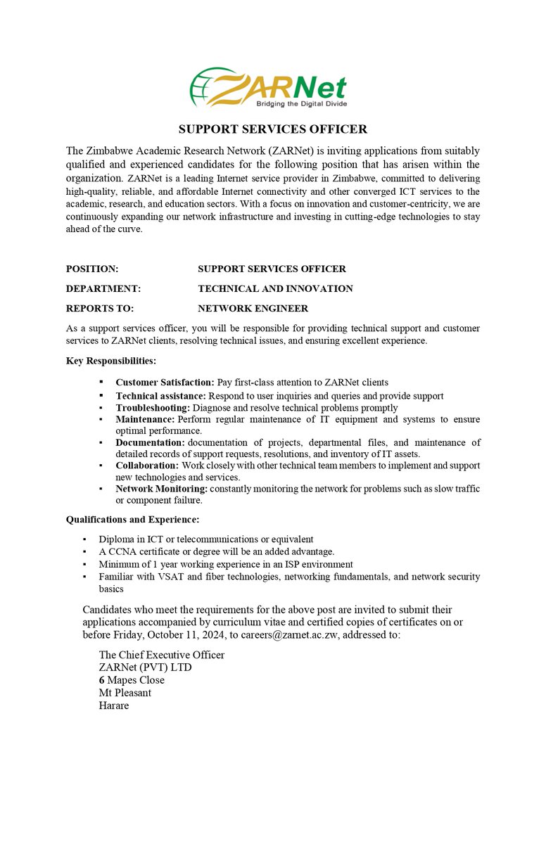 ZarnetZim's tweet photo. #Vacancy Notice
Support Services Officer https://t.co/moGLxRL8AY