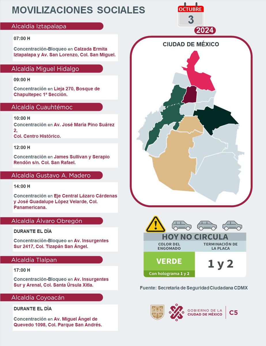 C5_CDMX's tweet photo. ⚠🗓 #ENTÉRATE | Para hoy, 03 de octubre 2024, estas son las movilizaciones sociales previstas en la Ciudad de México.

#C5ConConfianza #MovilidadCDMX https://t.co/IZFPZAAVsS