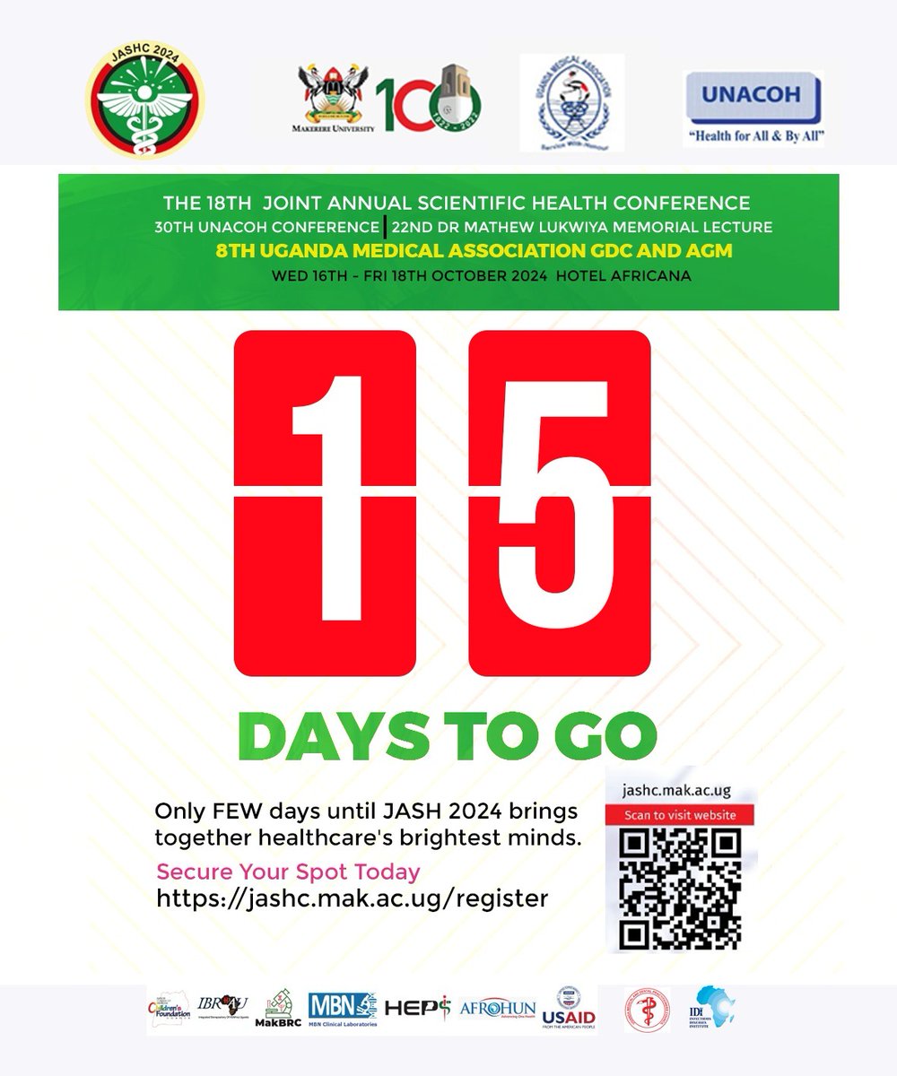 THRiVE Consortium (@thrivedeltas) on Twitter photo ๐ข#Announcement
The 18th Joint Annual Scientific Health Conference (JASHC 2024) is happening from Wed 16th to Fri 18th October 2024 <a href="/HotelAfricana/">Hotel Africana</a>. Come network, grow and learn the latest in healthcare research & innovation.
Register now: jashc.mak.ac.ug/register ๐ข#Announcement
The 18th Joint Annual Scientific Health Conference (JASHC 2024) is happening from Wed 16th to Fri 18th October 2024 <a href="/HotelAfricana/">Hotel Africana</a>. Come network, grow and learn the latest in healthcare research & innovation.
Register now: jashc.mak.ac.ug/register