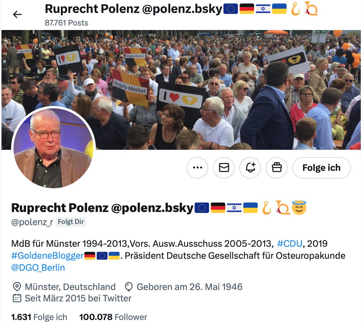 . <a href="/polenz_r/">Ruprecht Polenz🇪🇺</a> hat die Follower-Zahl 100 000 geknackt - und das ohne einen von den <a href="/X/">X</a>-Algorithmen geförderten bösen Ton, sondern mit aufrechter Haltung und überzeugendem Kompass: #TuWas! 🙏&amp; alles Gute🍀!