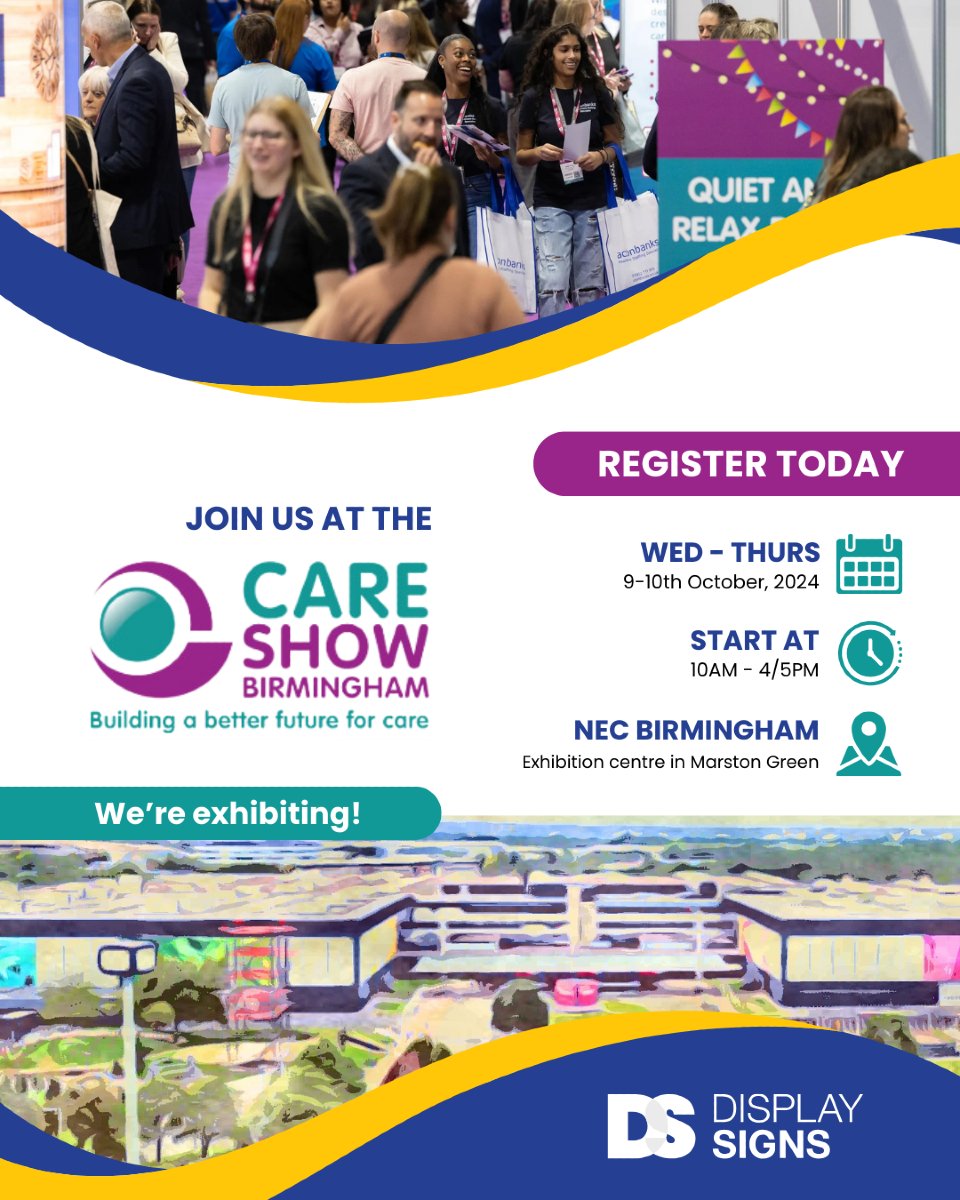 We’re excited to announce that Display Signs will be exhibiting at the Care Show Birmingham 2024, taking place at the NEC next week between 9th-10th October ! 🎉 

Come and find us at stand P12 for some delightful treats and a bit of fun! 🤩