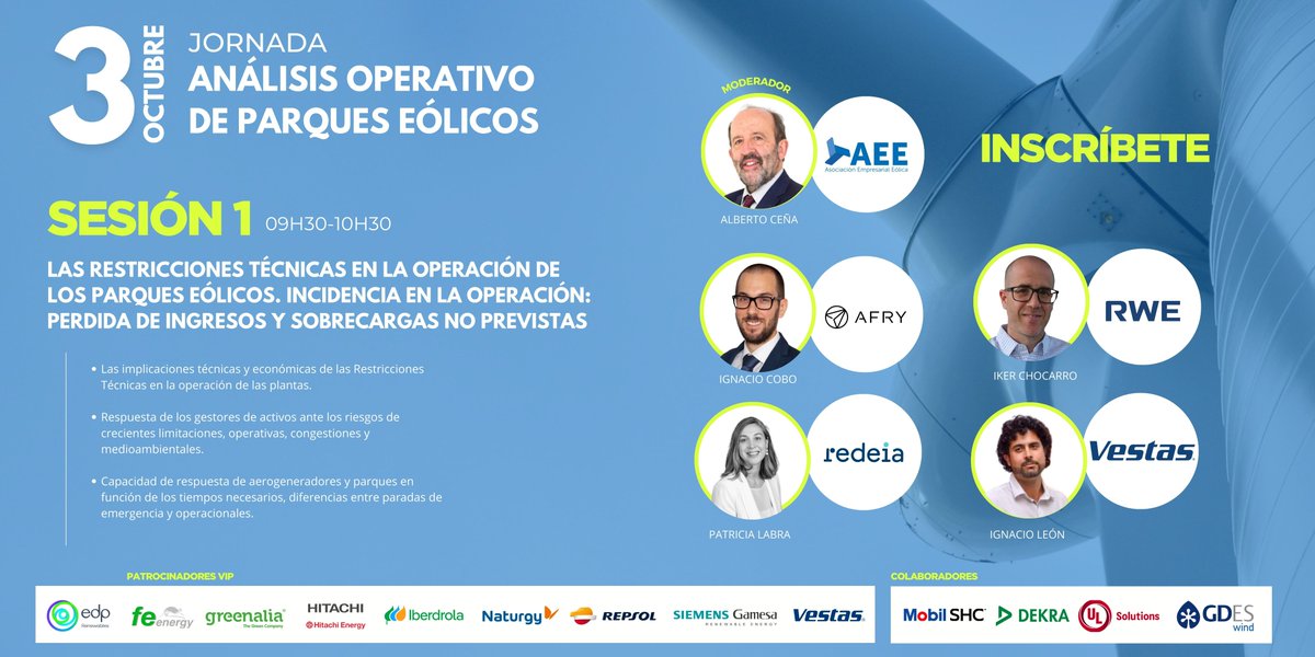 aeeolica's tweet photo. La primera sesión de la jornada #OperativaEólica ha analizado las restricciones técnicas con incidencia en la operación con pérdida de ingresos y sobrecargas no previstas ➡️Lo analizamos con expertos de @RedElectricaREE #AFRY @RWE_AG y @Vestas y Alberto Ceña de AEE como moderador https://t.co/4hmkmF1OGy