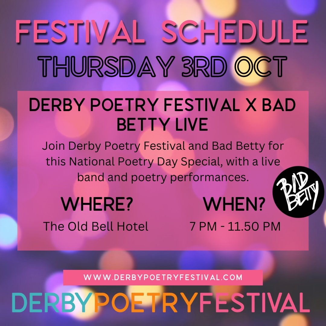 Derby Poetry Festival (@derbypoetryfes) on Twitter photo Happy #NationalPoetryDay!
Join the epic collaboration between Derby Poetry Festival & <a href="/badbettypress/">Bad Betty Press</a> from 7pm at <a href="/bellhotelderby/">The Old Bell Hotel</a> for <a href="/joshuaidehen80/">Joshua Idehen</a> <a href="/JemimaFoxtrot/">Jemima Foxtrot</a> <a href="/WildingGeorgina/">Georgina Wilding</a> with poems from the 2024 Associate #Poets <a href="/ConorPerrott/">Conor Perrott</a> <a href="/veryrareSimon/">Simon Marshall</a> & <a href="/flocornall/">Flo Cornall</a> Happy #NationalPoetryDay!
Join the epic collaboration between Derby Poetry Festival & <a href="/badbettypress/">Bad Betty Press</a> from 7pm at <a href="/bellhotelderby/">The Old Bell Hotel</a> for <a href="/joshuaidehen80/">Joshua Idehen</a> <a href="/JemimaFoxtrot/">Jemima Foxtrot</a> <a href="/WildingGeorgina/">Georgina Wilding</a> with poems from the 2024 Associate #Poets <a href="/ConorPerrott/">Conor Perrott</a> <a href="/veryrareSimon/">Simon Marshall</a> & <a href="/flocornall/">Flo Cornall</a>