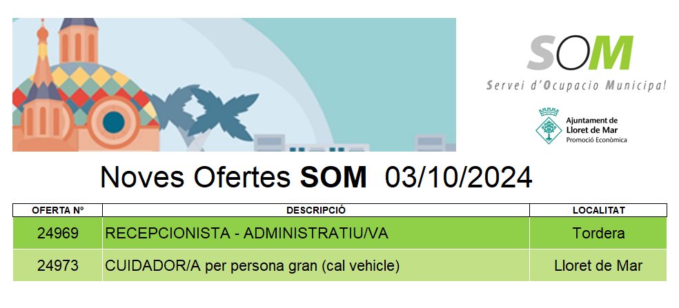 Consulta les ÚLTIMES OFERTES de FEINA del SOM.
Inscriu-te a totes les ofertes a través de la nostra web ‼️✨
👉 somlloret.cat