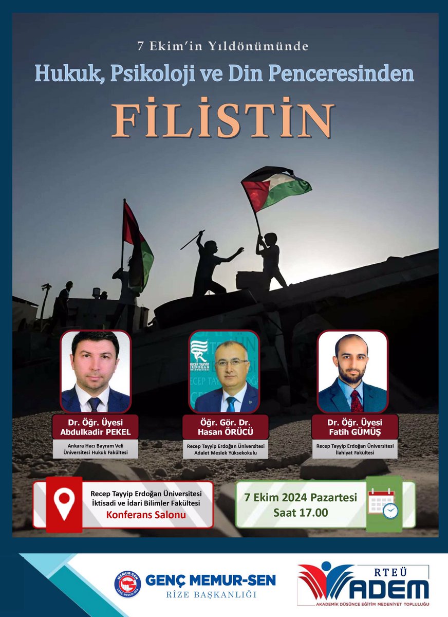 53gencmemursen's tweet photo. 📢 Soykırımın 365. Gününde Filistin

Hukuk, Psikoloji ve Din perspektifinden Filistin meselesini değerlendirmek üzere düzenlediğimiz konferansımıza davetlisiniz.

📅 7 Ekim 2024, Pazartesi
🕔 17.00
📍RTEÜ İİBF Konferans Salonu 

Bu anlamlı etkinlikte buluşmak dileğiyle. https://t.co/bjTek2gGM0
