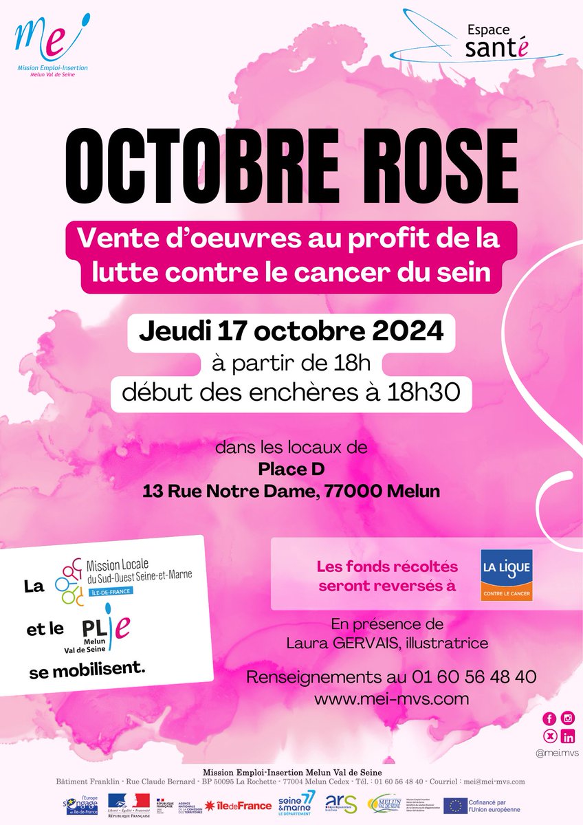 Pour Octobre rose, nous avons souhaité nous associer à la @liguecancer77  pour recueillir des fonds destinés à aider la recherche. Pour participer à l'évènement : inscription ci-dessous 👇 
lnkd.in/epPmgma6
#octobrerose #CAMVS #PLIEmelunvaldeseine #MissionLocale