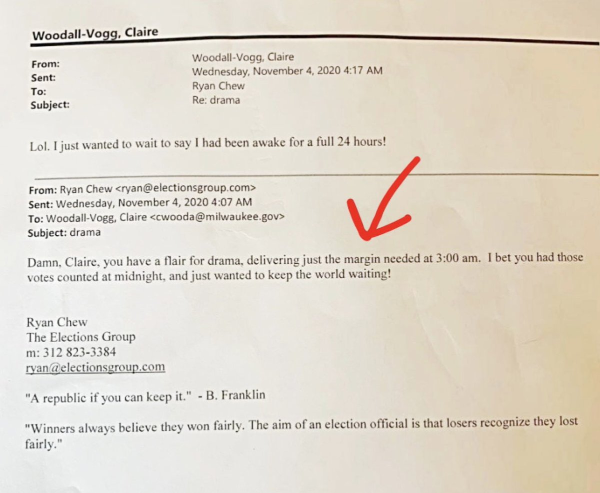 Rasmussen_Poll's tweet photo. Good Morning !

"She kicked out Republican observers the night before at around 10:30pm telling them all ballots had been counted. Claire was done with the LEGAL ballots at 10:30pm on Nov. 3rd. She needed the time from then until 3:06am to stuff the tabulators with fake ballots for Joe Biden." https://t.co/nZaVN5FpWP