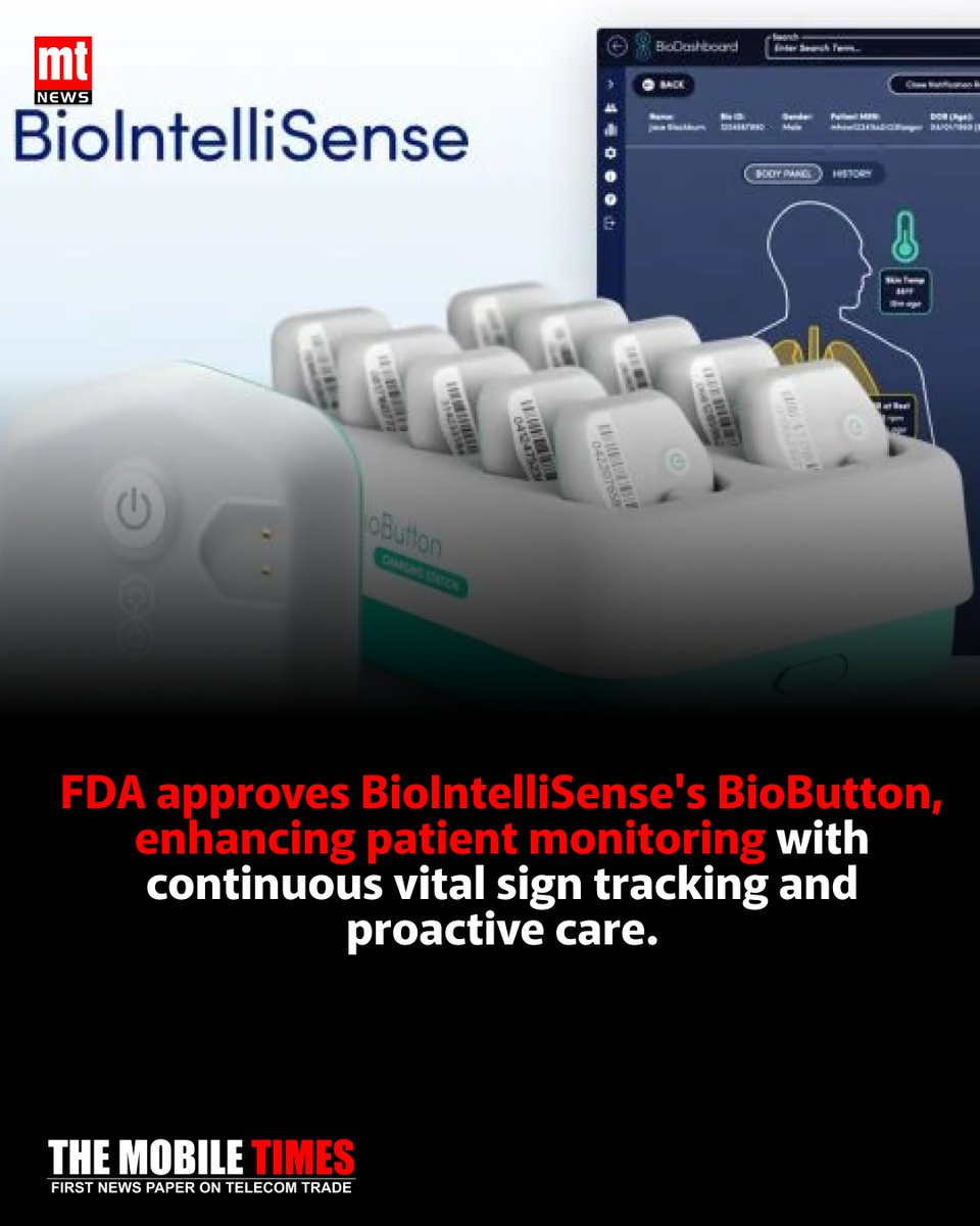 themobile_times's tweet image. The US Food and Drug Administration (FDA) has approved BioIntelliSense&apos;s BioButton Multi-Patient wearable and BioDashboard system. This innovation offers continuous monitoring of vital signs, significantly improving patient care in hospitals and at home.

#FDA #biointellisense