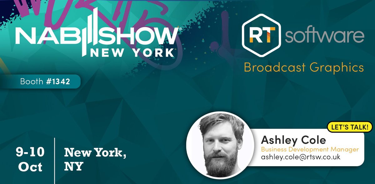 Exciting News! 

Our Business Development Manager, Ashley Cole, will be representing RT Software at the NAB Show New York! 

Join Ashley on October 9th &amp; 10th at Booth #1342 to discover how RT Software’s broadcast graphics solutions can transform your workflows!

#NABShow