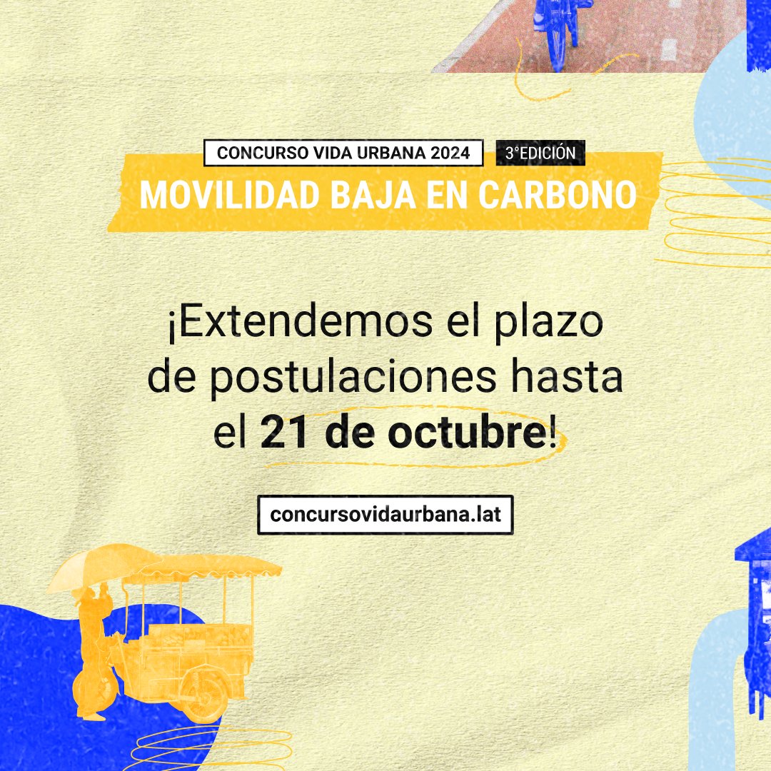👏¡Buenas noticias! ¡Tienen unos días más para presentar sus propuestas!👏 

⌛ El plazo de cierre se extendió hasta el 21 de octubre inclusive hasta las 23:59hs, hora GMT+2 (hora de España).  

💻 Si todavía tienen dudas, pueden consultar nuestra web 👉 concursovidaurbana.lat