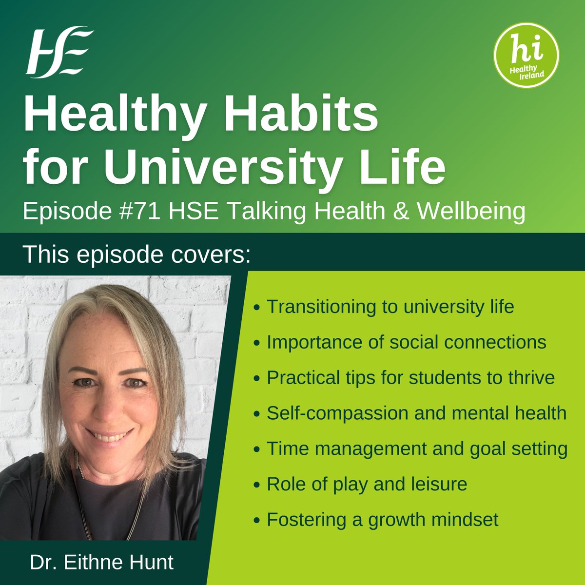 The latest episode of the HSE Podcast is on ‘Healthy Habits for University Life’ is delivered by Dr Eithne Hunt at UCC -🎙️ shorturl.at/46b6B

Supporting student success is a core part of our mission in higher education &amp; wellbeing is critical to this! 🧑‍🎓🍎📝

#healthycampus