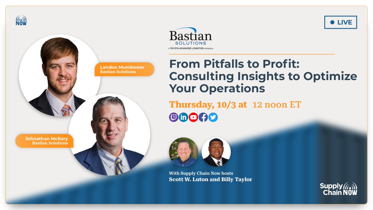 _supplychainnow's tweet photo. π Happening TODAY, October 3rd! Want to enhance your #distributioncenters? Join @ScottWLuton & Billy Ray Taylor with Landon Mumbower and Johnathan McRary from @BastianSolution for five key strategies on automating #DCs and choosing the right consultants. Gain insights that can elevate your operations!
π https://t.co/teEa9conGk