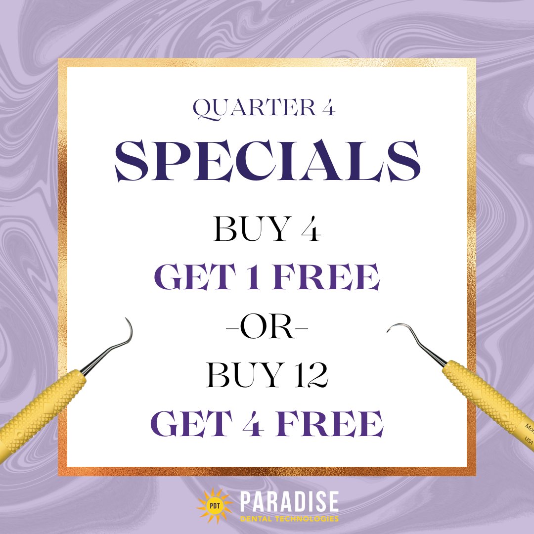 Check out our Q4 specials today and grab our amazing deals before they're gone!
Buy 4, get 1 free, or buy 12, get 4 free!

#pdt #pdtdental #hygiene #hygienist #dentist #dental