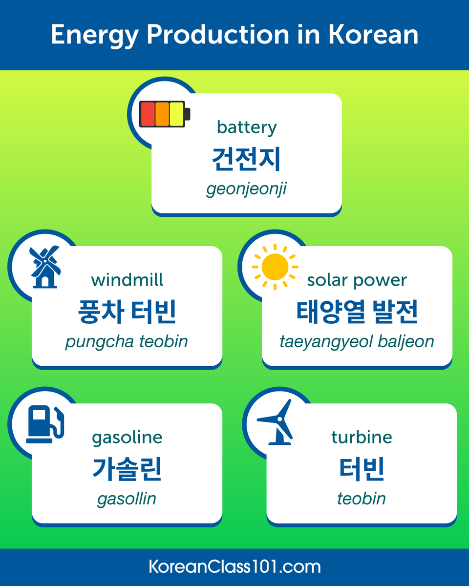 KoreanClass101's tweet image. Energy Production in Korean 🔋  PS: Learn Korean with the best FREE online resources, just click here bit.ly/47MAllX