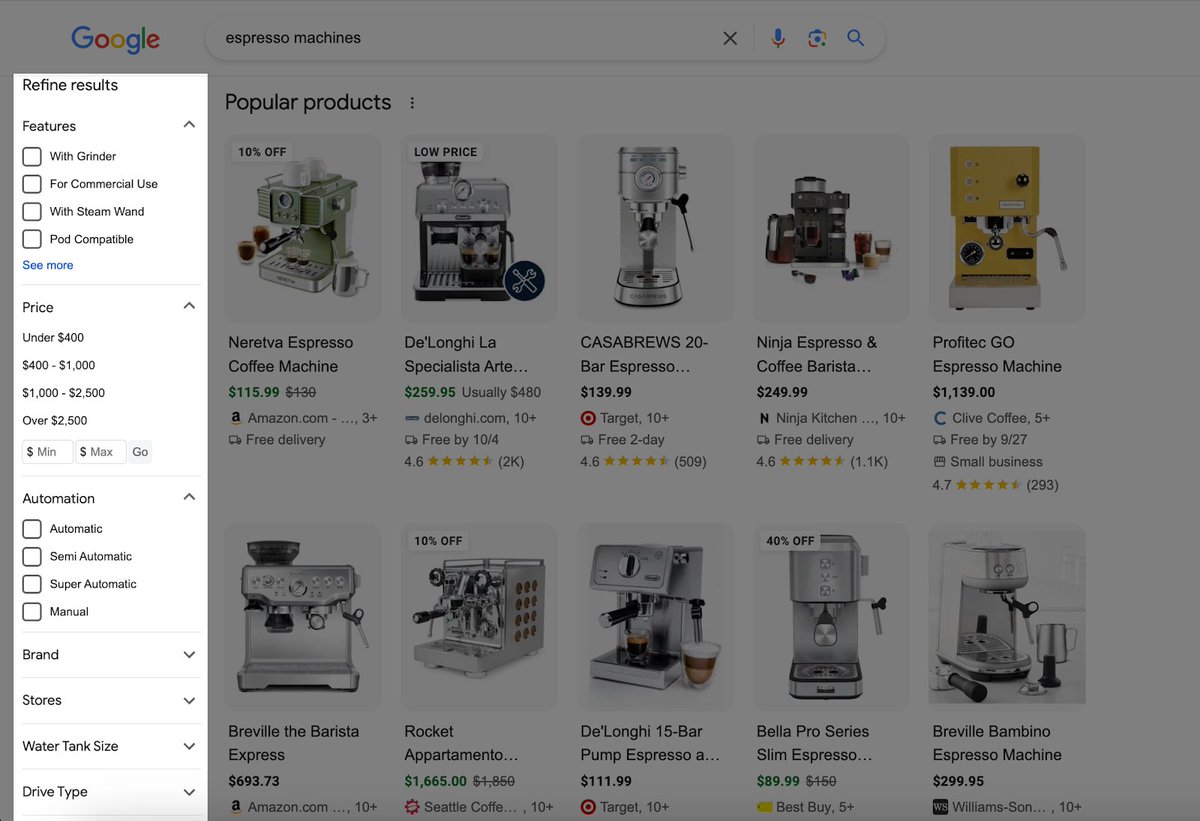 glenngabe's tweet photo. Good article from @gofishchris -> Retailers: Google is becoming your new category page. And there's a warning to affiliate marketers (later in the post)

"Google's ecommerce search results now resemble Amazon-style category pages."

"What happens when I start filtering using the options on the side? When I applied filtering options, Google adjusted my query." https://t.co/SRZZvDGMSN