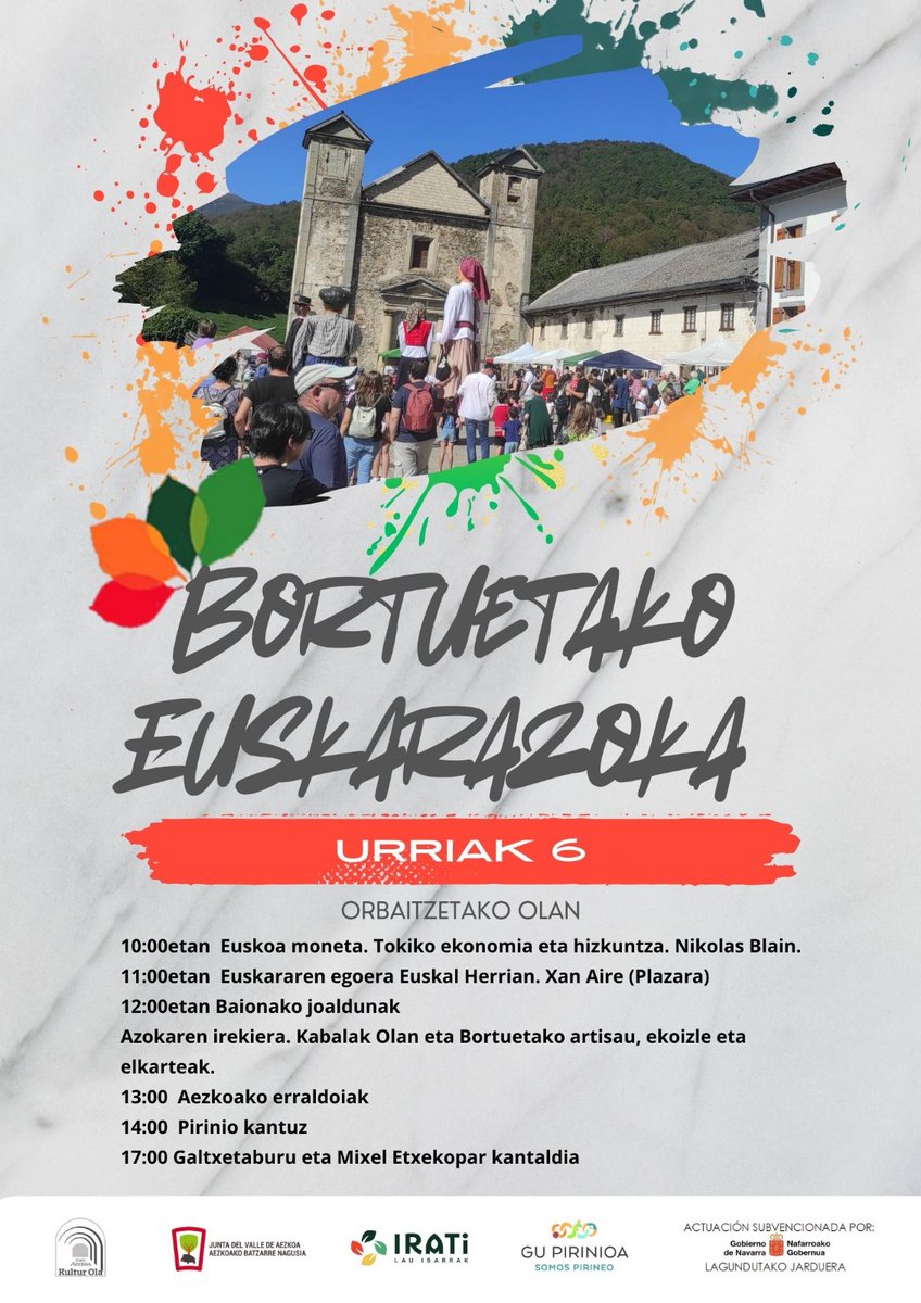 Bere ingurumen balioekin batera, euskara Iratiko haranen ondare komunaren parte da.
Igande honetan, ez galdu Bortuetako Euskarazoka!
📅 urriak 6 (igandea)
🏘️ Orbaizetako Ola

🐑🐏🐴🐄 Kabalak Olan
Ekoizle, artisauak eta elkarteen azoka plazan