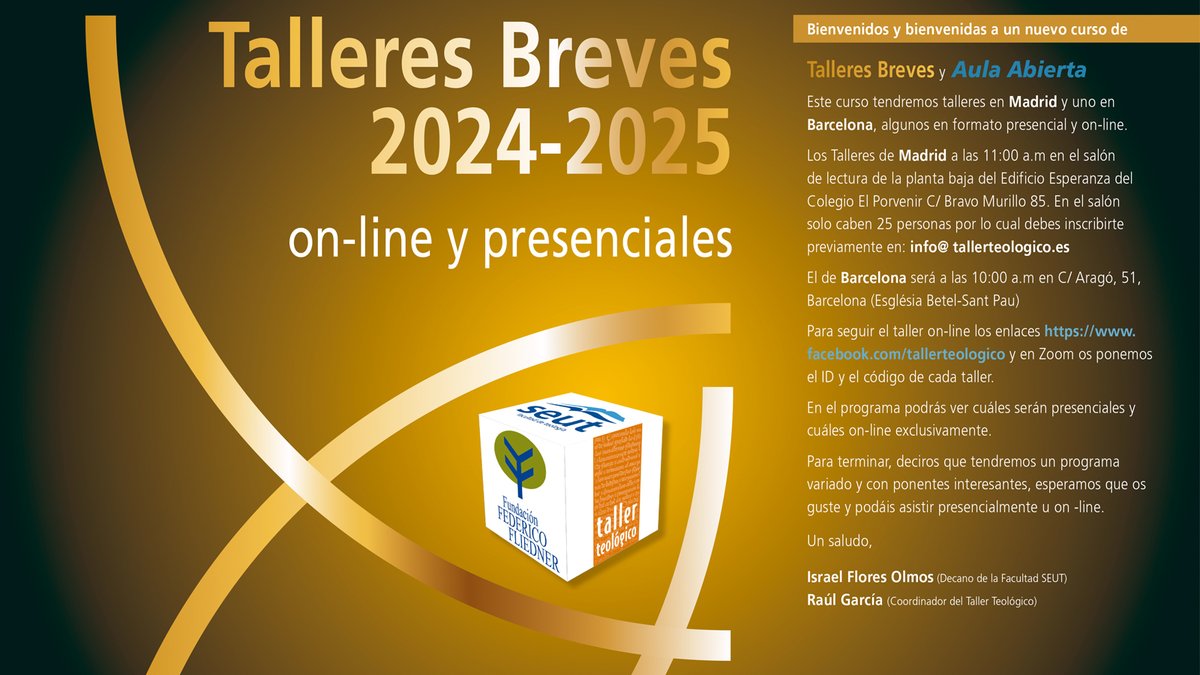Desde el Taller Teológico de nuestra Facultad de Teología SEUT, os invitamos a ver el programa de Talleres Breves para este curso y participar en aquellos que sean de vuestro interés:
fliedner.es//media/modules…