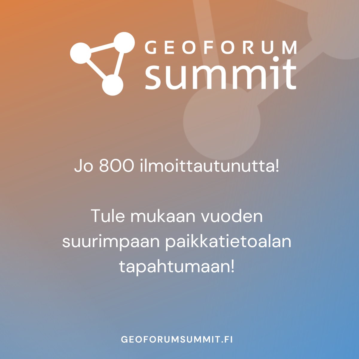 800 ilmoittautunutta tuli tänään täyteen. Maanantaina nähdään Espoon Dipolissa. <a href="/GeoForumFinland/">GeoForum Finland</a> <a href="/AaltoUniversity/">Aalto University</a> <a href="/TrimbleJulkisha/">Trimble Kunnat</a> <a href="/geotrim_oy/">Geotrim</a> <a href="/Maanmittaus/">Maanmittauslaitos</a> <a href="/terrasolid/">Terrasolid Ltd.</a>