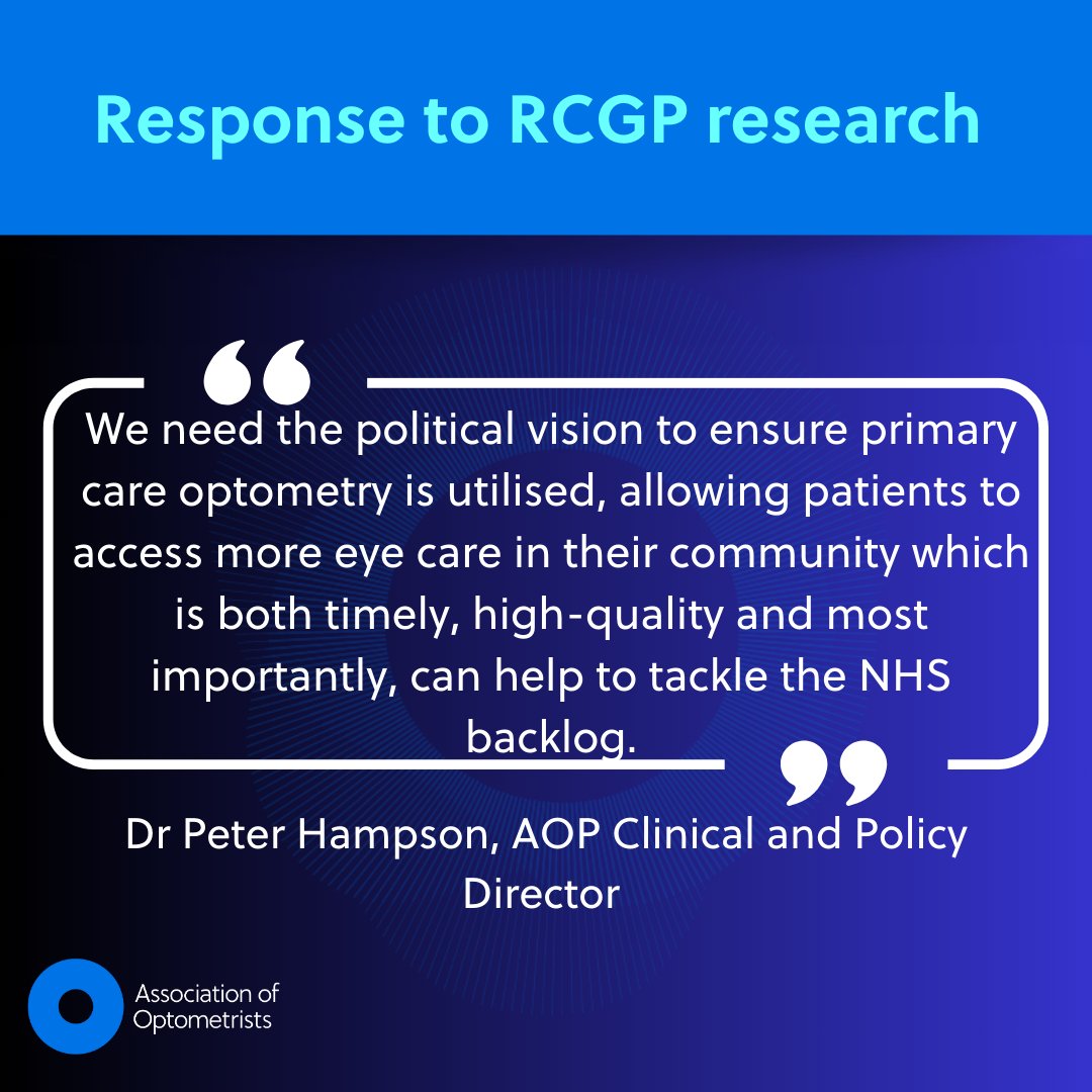 The AOP (@the_aop) on Twitter photo We have responded to the <a href="/rcgp/">Royal College of General Practitioners</a> call for the new Government to take action on primary care and reduce the pressure on GPs, as optometrists have the clinical expertise and equipment to deliver more specialist eye care in the community.
Learn more: ow.ly/eZLw50TC4Th We have responded to the <a href="/rcgp/">Royal College of General Practitioners</a> call for the new Government to take action on primary care and reduce the pressure on GPs, as optometrists have the clinical expertise and equipment to deliver more specialist eye care in the community.
Learn more: ow.ly/eZLw50TC4Th