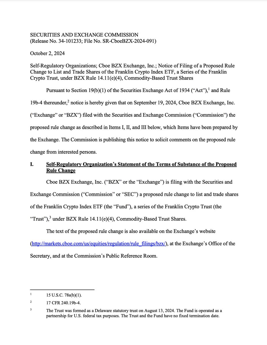 BitcoinNewsCom's tweet photo. NEW: Franklin Templeton submits proposal to 🇺🇸 SEC to list and trade #Bitcoin &amp; Ethereum Crypto Index ETF. https://t.co/mWWVD5QQ4A