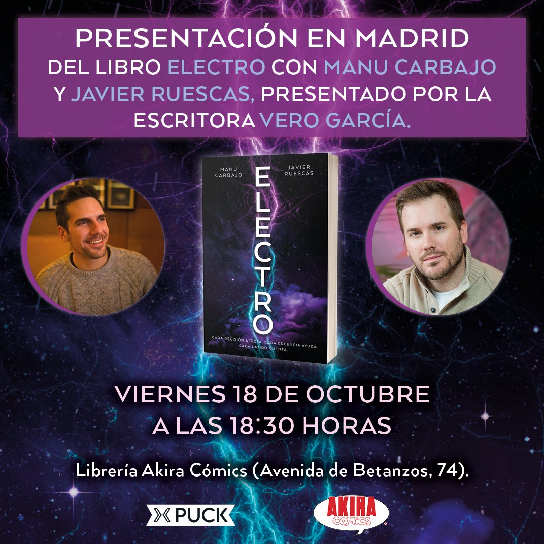 ¡Atención, lectores de Madrid y Barcelona! 📚✨

Este mes tenéis dos citas imperdibles con <a href="/Karbajo/">Manu Carbajo</a>  y <a href="/javier_ruescas/">Javier Ruescas 🏳️‍🌈</a>, autores de la fascinante trilogía Electro. Apuntad las fechas. 
¡Os esperamos!