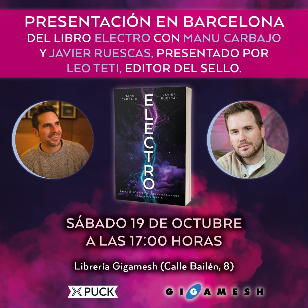 Puck_ed's tweet photo. ¡Atención, lectores de Madrid y Barcelona! 📚✨

Este mes tenéis dos citas imperdibles con @Karbajo  y @javier_ruescas, autores de la fascinante trilogía Electro. Apuntad las fechas. 
¡Os esperamos! https://t.co/REfgn54o6G