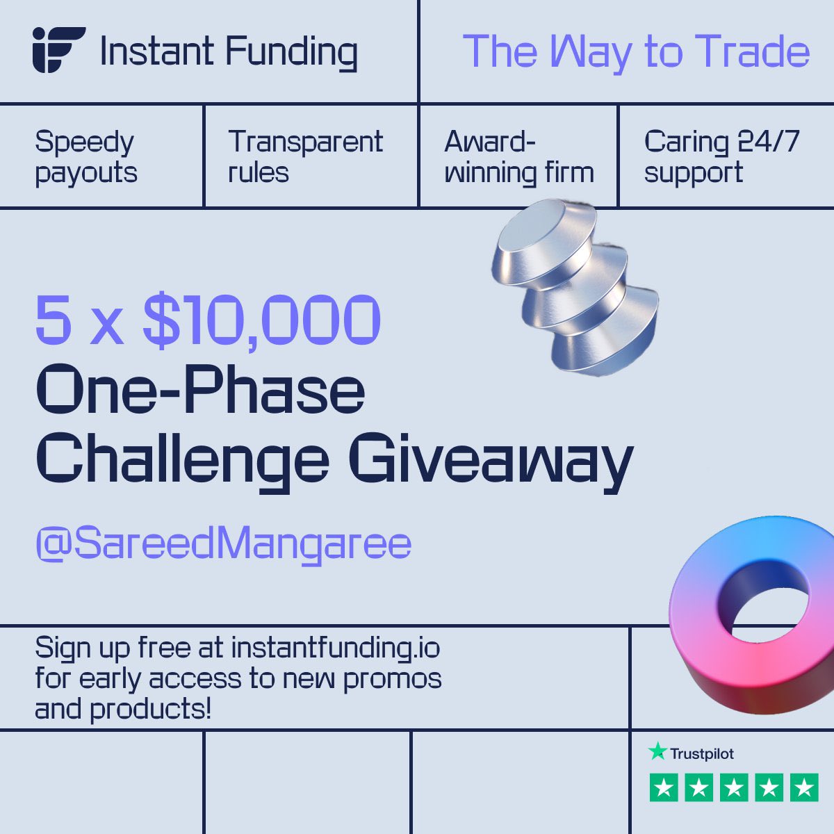 SareedMangaree's tweet photo. Welcome to October Giveaway with @InstantFunding_ 🎉 
$50,000 Rewards 

Rules 👇
Make sure to:
⚡️Like and retweet this post

⚡️Follow @InstantFunding_ , @SareedMangaree , @LewisM_IF

⚡️Retweet this tweet link: https://t.co/rxJP3EjG0B…

⚡️Tag 3 of your friends below

Winners will be announced on 13th October! Best of luck!

Join Discord https://t.co/7X3PCp8tXS  for more giveaways!🔥