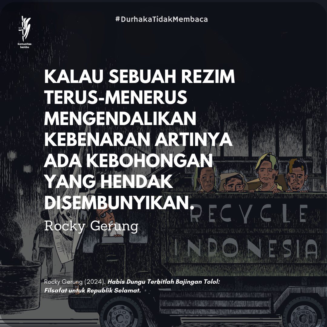 KomunitasBambu's tweet photo. Kata-kata Bung Rocky yang tertuang dalam buku “Habis Dungu Terbitlah Bajingan Tolol: Filsafat untuk Republik Selamat”.

Inden buku Rocky Gerung masih berlangsung sampai 13 Oktober 2024. Silakan kawan kobam yang mau menambah koleksi bukunya bisa pesan di WA atau Marketplace Kobam. https://t.co/fXotrYa3F8