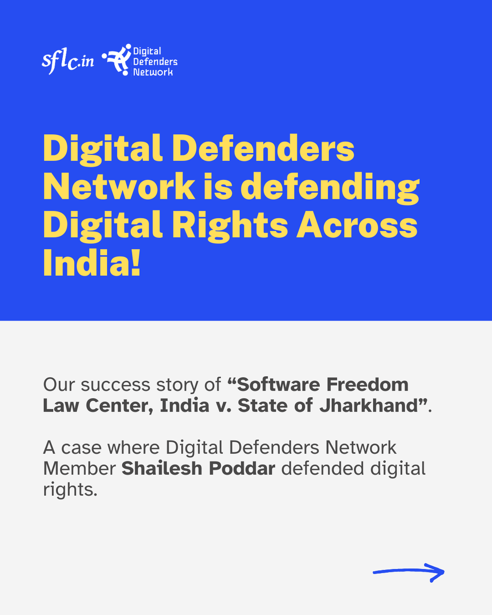 SFLCin's tweet photo. #DigitalDefendersNetwork #SuccessStory
@SFLCin, with the assistance of @shaileshpoddar of #DigitalDefendersNetwork, filed the writ petition challenging #InternetShutdowns ordered by #Jharkhand Government.
To Join DDN, apply now: https://t.co/5TrjpqCwHT
Deadline: 6 October, 2024
#Highcourt #internetshutdown #LetTheNetWork #ApplyNow