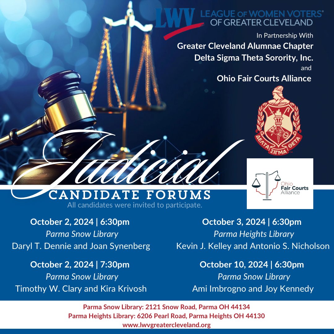 Join us for Cuyahoga County Common Pleas Court Judicial Candidate forums 
Tonight, Thurs 10/3, at Parma Hts. Branch Library and live stream 
Cosponsored by <a href="/DSTCleveland/">Greater Cleveland</a>, <a href="/ohfaircourts/">Ohio Fair Courts Alliance</a>
and <a href="/LWVGrCleveland/">LWVGreaterCleveland</a>
Link to live stream:
youtube.com/live/o5PDIxqIt…