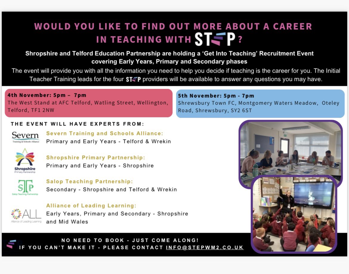 Coming soon - Train to Teach drop in events in Telford and Shrewsbury! Interested in training to teach? Come along and meet your local providers to find out what we offer ⬇️⬇️⬇️⬇️