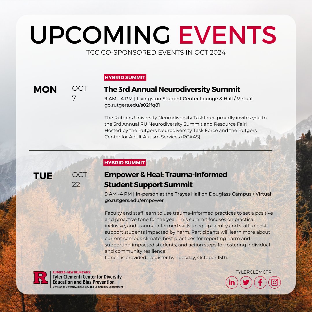 October and the Autumn breeze are here! Presenting upcoming workshops, TCC-Sponsored events, and grant opportunities ✨

For more information on TCC signature educational workshops, please visit 🔗 nbdiversity.rutgers.edu/educational-wo…