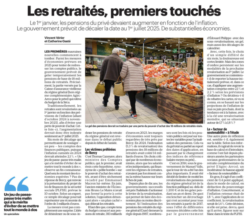 dupontaignan's tweet photo. Au lendemain des belles paroles de Michel Barnier sur la taxation des plus riches, on apprend un prélèvement de 3 milliards d’euros sur tous les retraités, dont les pensions ne seront pas revalorisées au 1er janvier (comme prévu pour être indexées sur l’inflation), mais seulement au 1er juillet ! Cela commence mal pour le pouvoir d’achat des français les plus modestes…