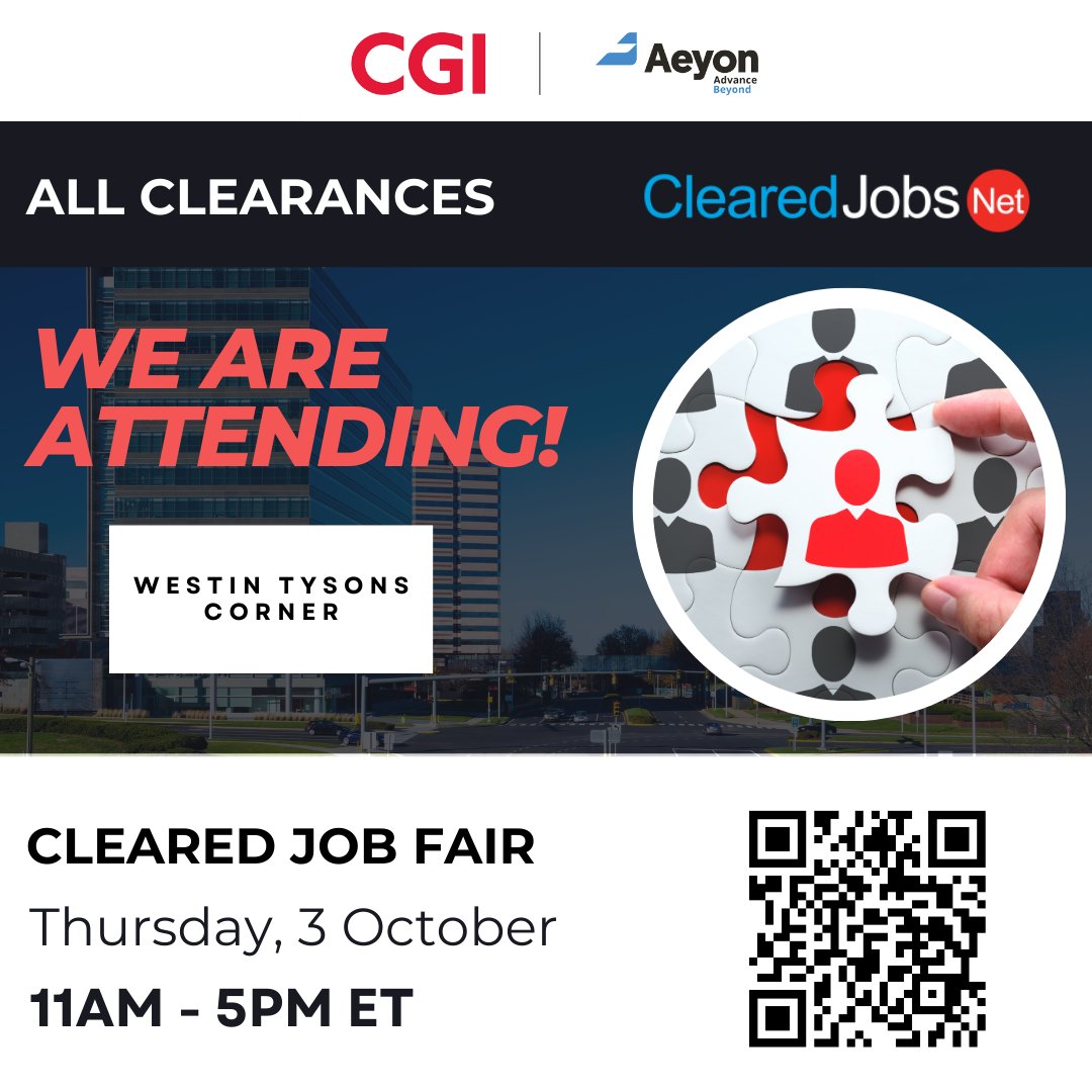 "We’re excited to announce that Aeyon, now part of CGI, will be attending the ClearedJobs.net event! This is a great opportunity to connect with professionals seeking cleared roles in defense, national security, and technology.
#ClearedJobs #WeAreCGI