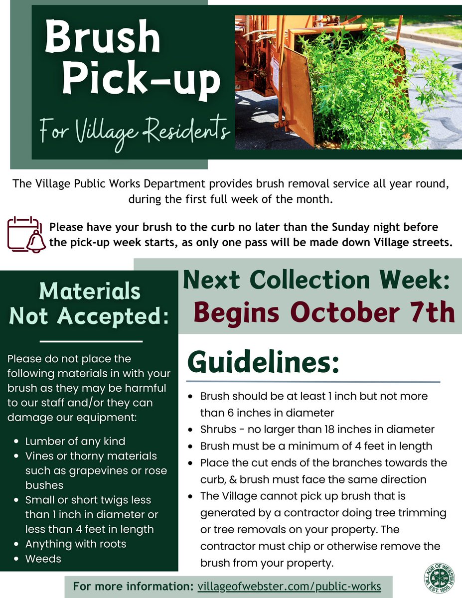 October Brush Collection for Village residents begins on Monday! 
To review collection guidelines, please visit our website:
villageofwebster.com/public-works.h…