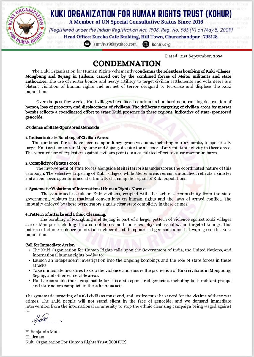 Chengchengpi's tweet photo. Manipur : The Kuki Organization for Human Rights strongly condemns the continuous bombing of the Kuki villages of Mongbung and Sejang in Jiribam, which is being carried out by the combined forces of state officials and Meitei militants. The deployment of artillery and mortar bombs against volunteers and civilian settlements is an egregious violation of human rights and an act of terror intended to force out and terrorize the Kuki community. How many more KukiZo villages need to be attacked before the Central acknowledges the plight of the Kuki Community ?

#UnionTerritory4KukiZo
#MeiteiTerrorists
#MeiteiWarCrimes

@adgpi @official_dgar @Spearcorps @easterncomd @SpokespersonMoD @DefenceMinIndia @HMOIndia @PMOIndia @ChinarcorpsIA @NorthernComd_IA @BSF_India @crpfindia @dhruv_rathee @BDUTT @CNNnews18 @aliyaq @jeegujja @rwac48 @Ptr6Vb @major_pawan @majoramitbansal @SushantSin @PIB_India @PIBHomeAffairs @MIB_India @CBC_MIB @TimesNow @CBIHeadquarters @NIA_India @artrac_ia @IaSouthern @indiannavy @IAF_MCC @IndianDiplomacy @westerncomd_IA