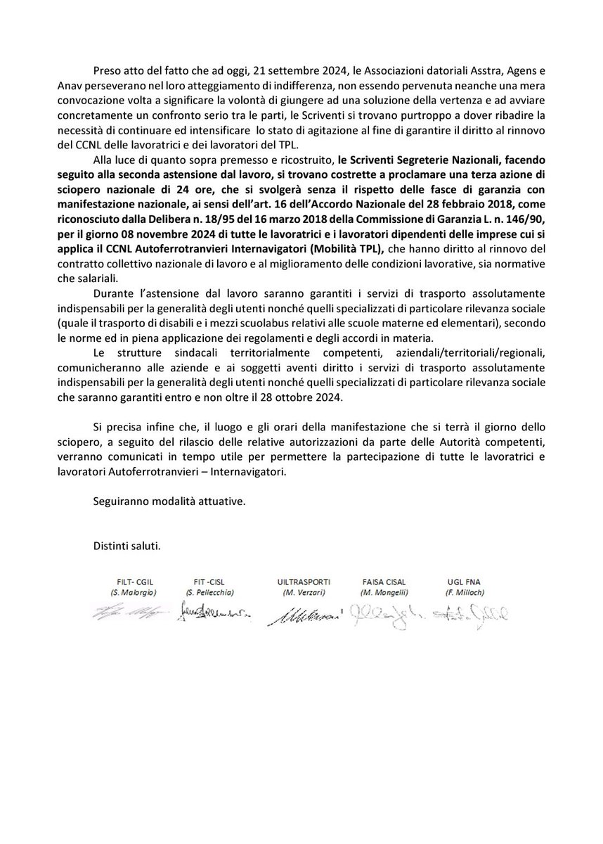 📢 proclamata una terza azione di sciopero nazionale per il prossimo 8 novembre 2024.
Sciopero di 24 ore con manifestazione nazionale

#scioperonazionale 
#rinnovoccnlsubito
🚊🚋🚌🚎🚍