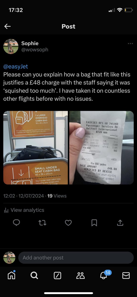 wowsoph's tweet photo. @clionamccarney @easyJet @belfastairport Exact same thing happened to me at belfast! Although your bag is way smaller than mine, it still fit and their response was ridiculous. When I complained EasyJet said they’re unable to refund charges made on/boarding the flight?? https://t.co/kUDqO9UMoj