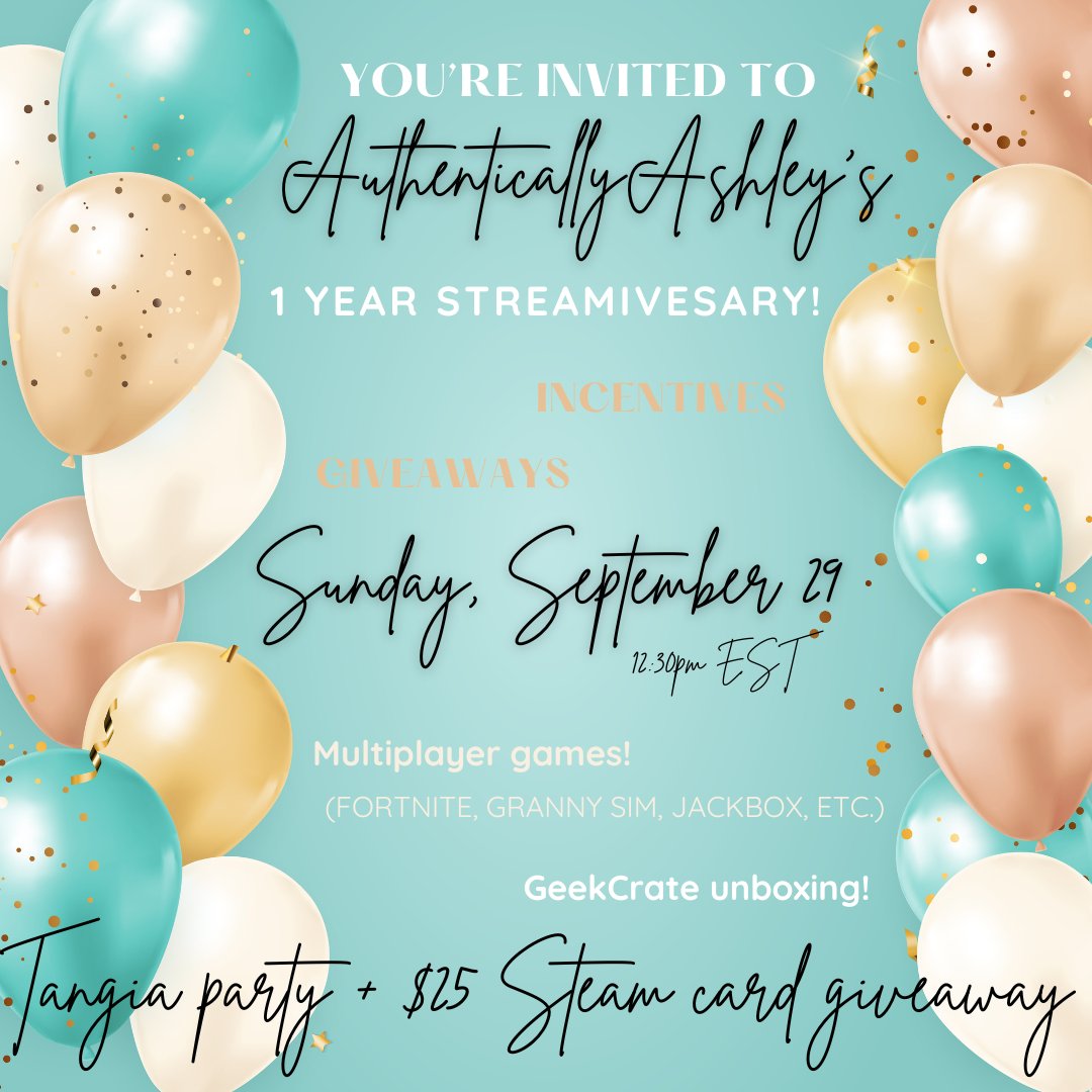 I can't believe it's been a whole year already! 

Sunday, September 29 @ 12:30pm EST, we will be celebrating my 1️⃣ YEAR STREAMIVERSARY with some multiplayer fun!

I have a custom craft bundle to give away, along with a $25 Steam gift card!  

See you @ twitch.tv/authenticallya…