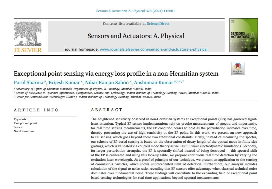 NiharSahoo_'s tweet photo. Our latest article has been published in Sensors and Actuators A. In this work, we explored sensing utilizing the exceptional point in non-Hermitian system. https://t.co/tdK85AA64o