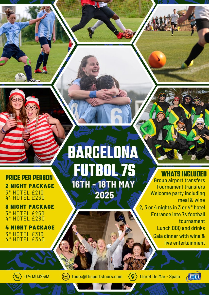 Registrations open !
Men’s 18 + and Women’s 18+
Competitive &amp; Social
+ veterans categories.
Join us in Lloret de Mar next May for the 14th Barcelona 7 a side festival ⚽️🇪🇸🍻🍺🍷🍾